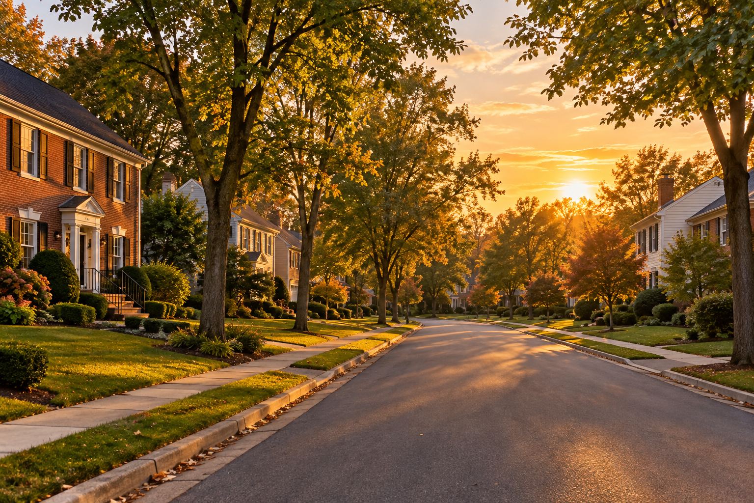 A Bethesda, Maryland neighborhood street at golden hour, illustrative