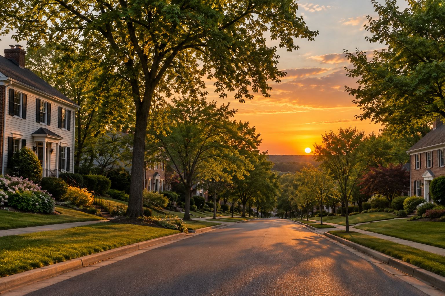 A Bethesda, Maryland street at sunset, illustrative