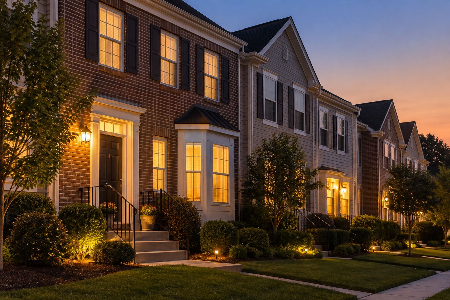 A Bethesda, Maryland home exterior at dusk, illustrative